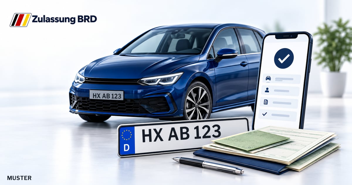Online Fahrzeugzulassung in Bad Driburg: Musterkennzeichen HX AB 123, Auto und Fahrzeugpapiere und Smartphone. Illustration mit Logo von Zulassung BRD.